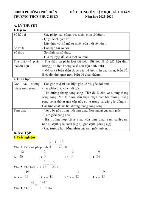 Đề cương học kì 1 Toán 7 năm 2025 – 2026 trường THCS Phúc Diễn – Hà Nội (bản Word)